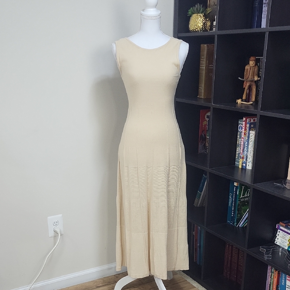 ZARA Tan Sleeveless Viscose Kint Full Length Pleated Skirt Dress